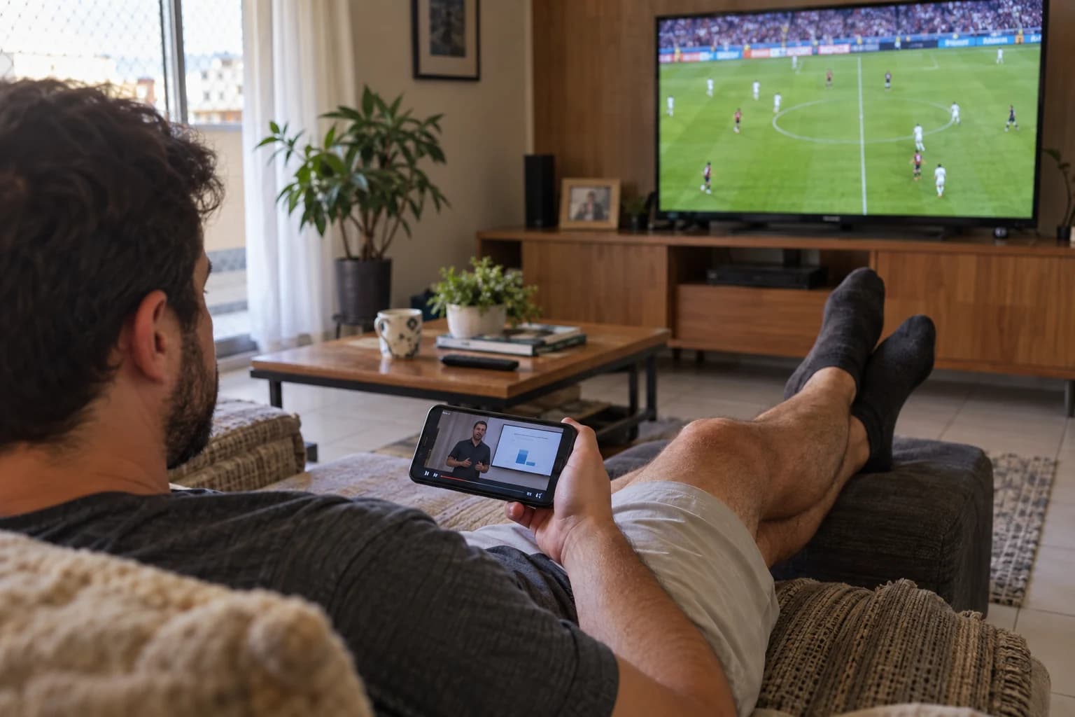 Hombre mira fútbol en la televisión mientras una clase sigue reproduciéndose en el celular.