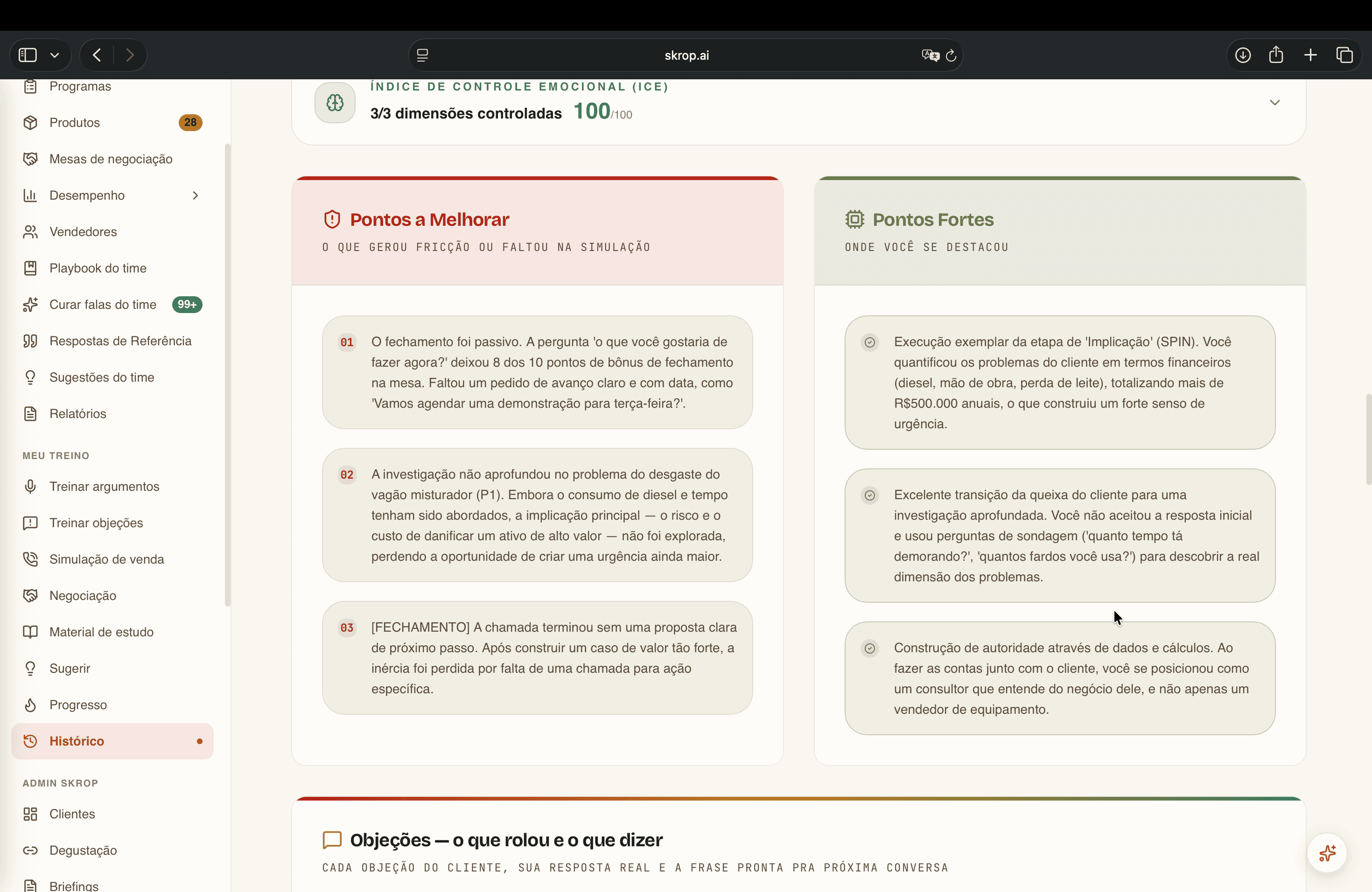 Informe que muestra qué hizo bien el vendedor y dónde necesita mejorar en las preguntas y en el cierre de la venta.