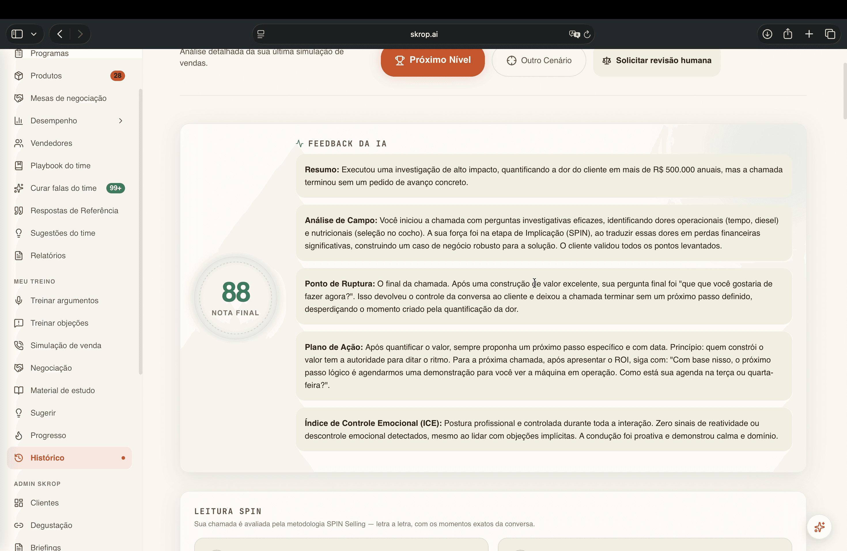 Informe con la nota del vendedor, análisis de la conversación y orientaciones para el próximo entrenamiento.