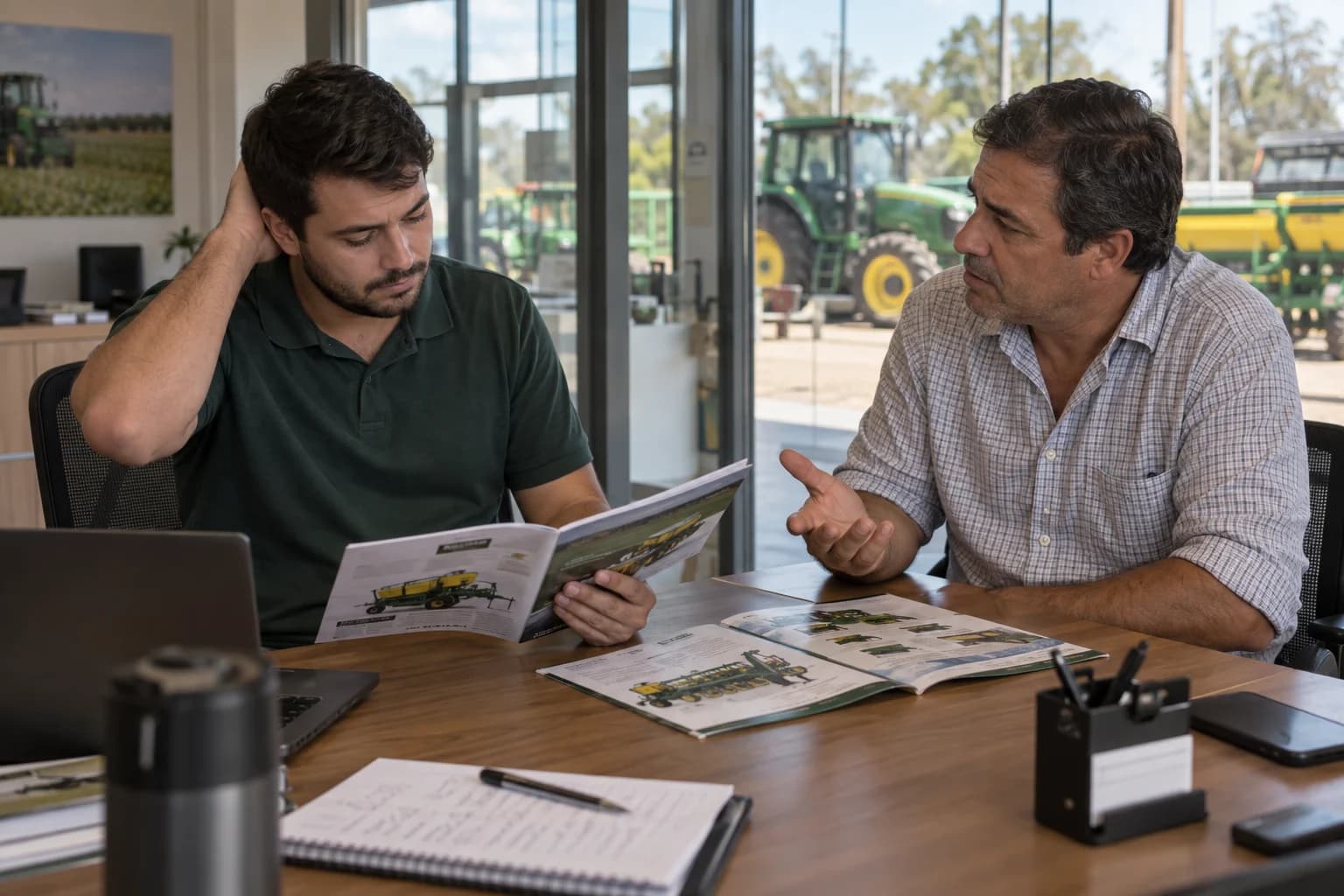 Salesperson searches the catalogue for an explanation while the customer waits for an answer.